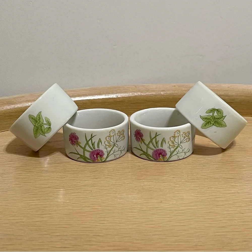 Vintage Herbs & Spices by Shafford Japan Porcelain Floral Napkin Rings Set of 4